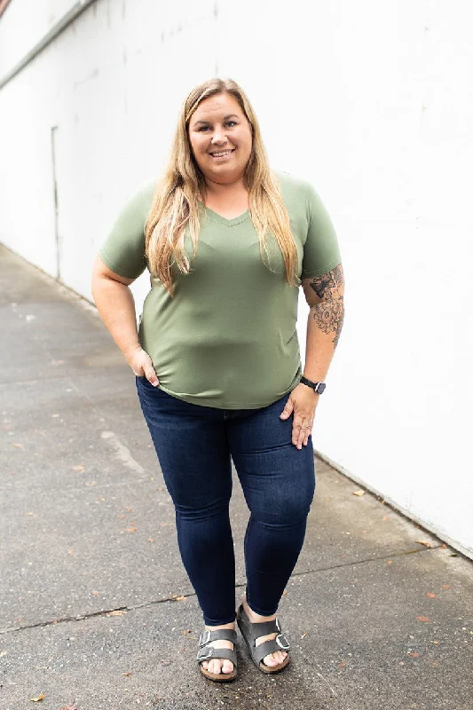 End Of The Year Lt Olive Basic Vneck Tee (SM-3X)