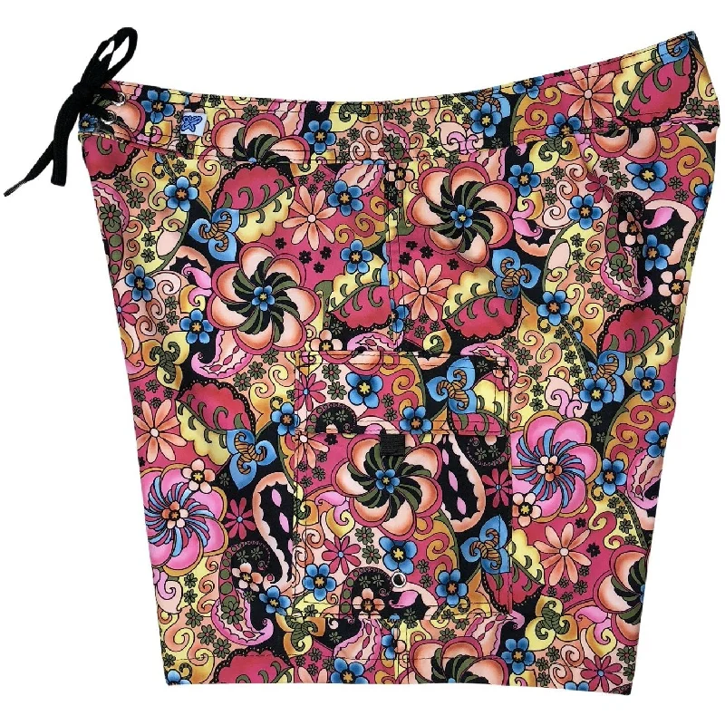Sports Functional Style "Lucy in the Sky" Womens Board Shorts - Regular Rise / 7" Inseam (Black) Sports Functional Style "Lucy in the Sky" Womens Board Shorts - Regular Rise / 7" Inseam (Black)
