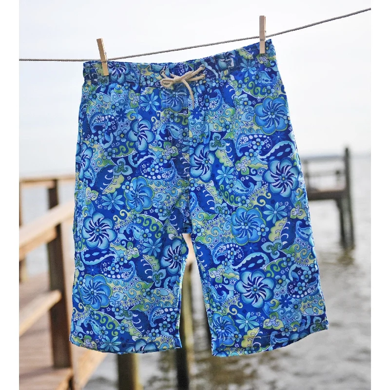 Fashion Elements "Lucy in the Sky" Womens Elastic Waist Swim Board Shorts.  HIGH Rise + 11" Inseam (Blue)