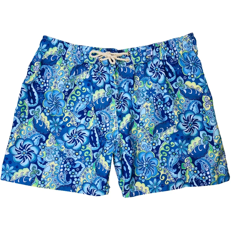 French Retro "Lucy in the Sky" Womens Elastic Waist Swim Board Shorts. REGULAR Rise + 5" Inseam (Blue)