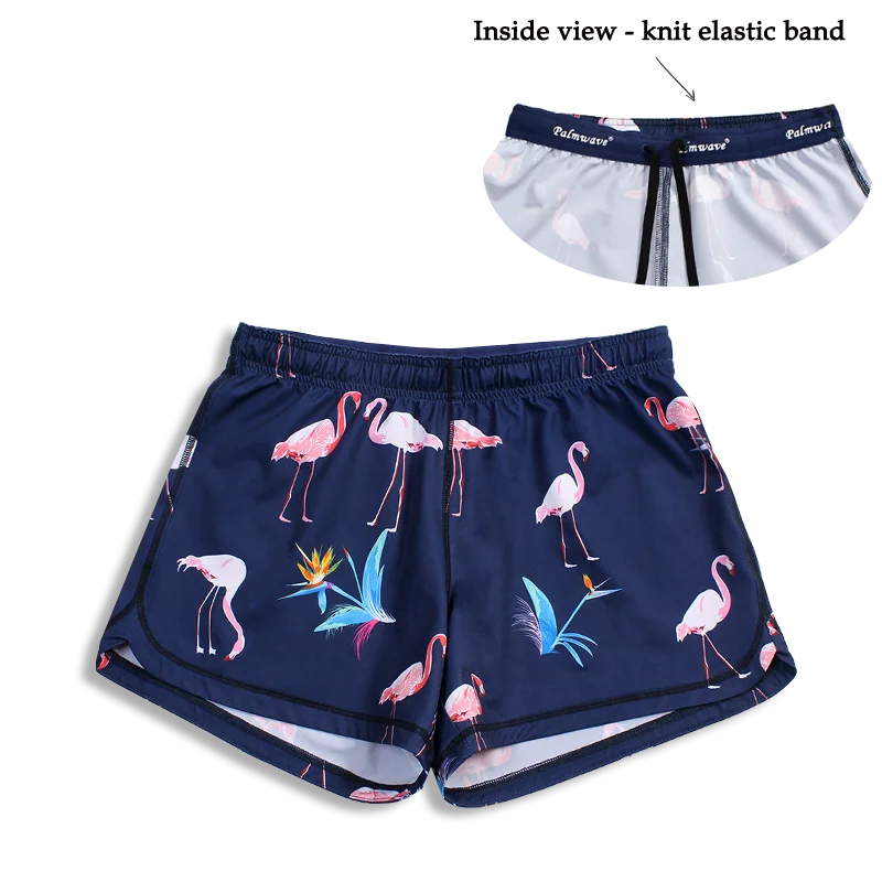 Unique Design N91-CW9142 (Navy with pink flamingo),  Ladies 4-way stretch comfort waist shorts