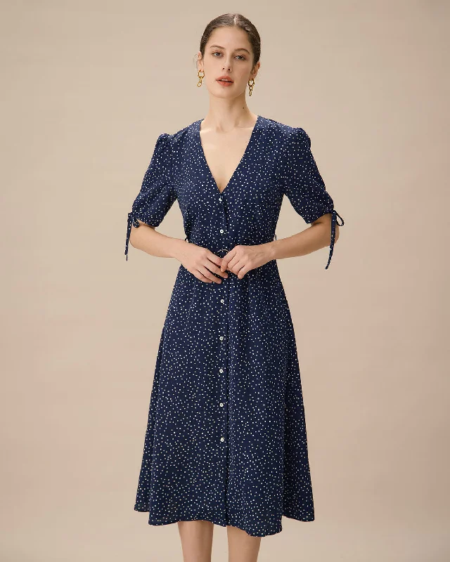 Unique prints Navy Polka Dot Belted Midi Dress