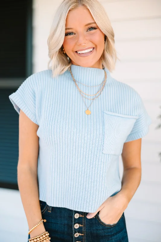 Stand-up collar design Open Your Mind Light Blue Short Sleeve Sweater
