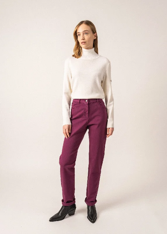 European And American Style Patricia straight pants - elasticated waist, in stretch cotton (PRUNE)