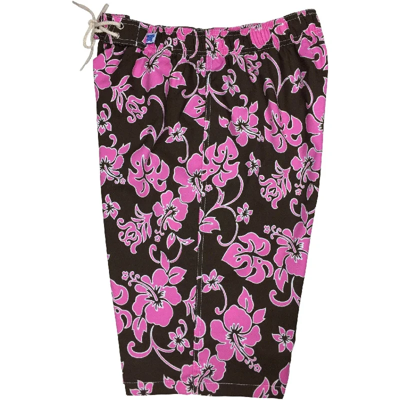 "Pure Hibiscus" Womens Elastic Waist Swim Board Shorts.  HIGH Rise + 11" Inseam (Brown+Pink)