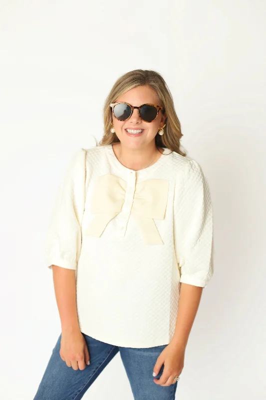 Cool Style Ribbon Detailed Quilt Textured Sweater - Cream