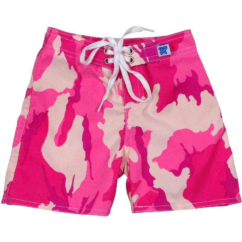 Relaxed And Casual "Stealth Fanatic" Camo Print Board Shorts for Little Boys + Girls (Pink)