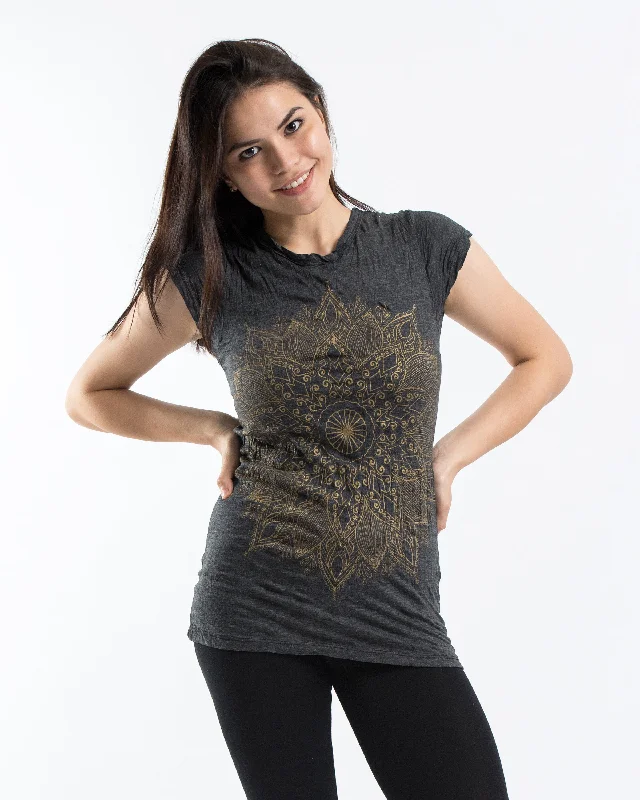 Modern City Womens Lotus Mandala T-Shirt in Gold on Black