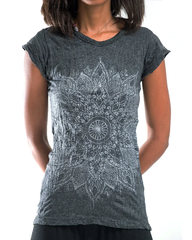 Embroidered Letters Womens Lotus Mandala T-Shirt in Silver On Black