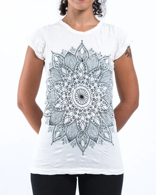 Comfortable And Cold-proof Womens Lotus Mandala T-Shirt in White