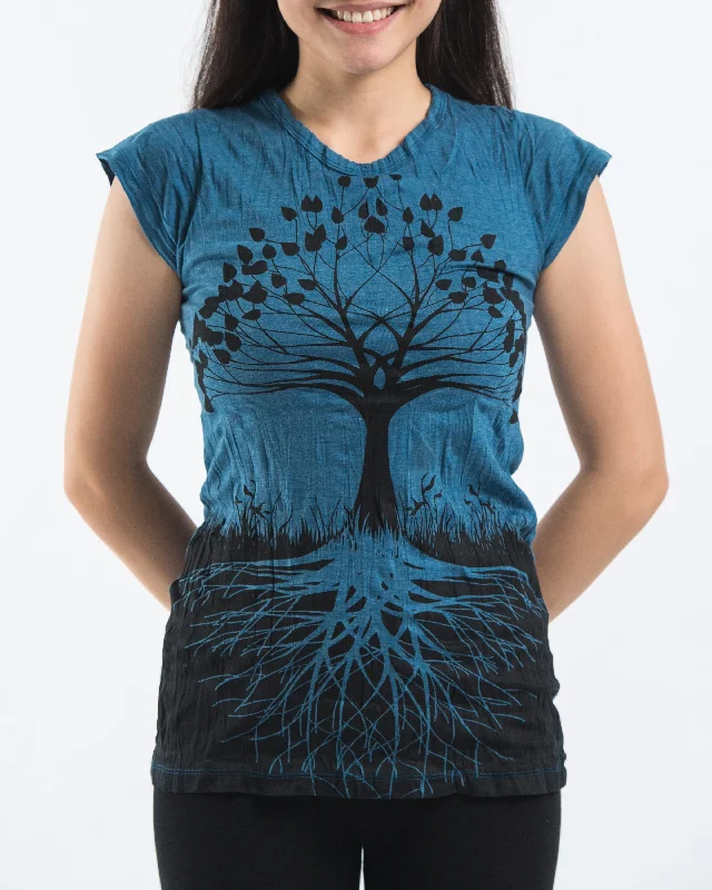 Lively And Youthful Womens Tree of Life T-Shirt in Denim Blue