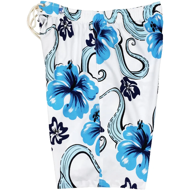 Trendy Items "Tailspin" (White) Elastic Waist Board Shorts. Regular Rise or High Waist.  Women's CUSTOM