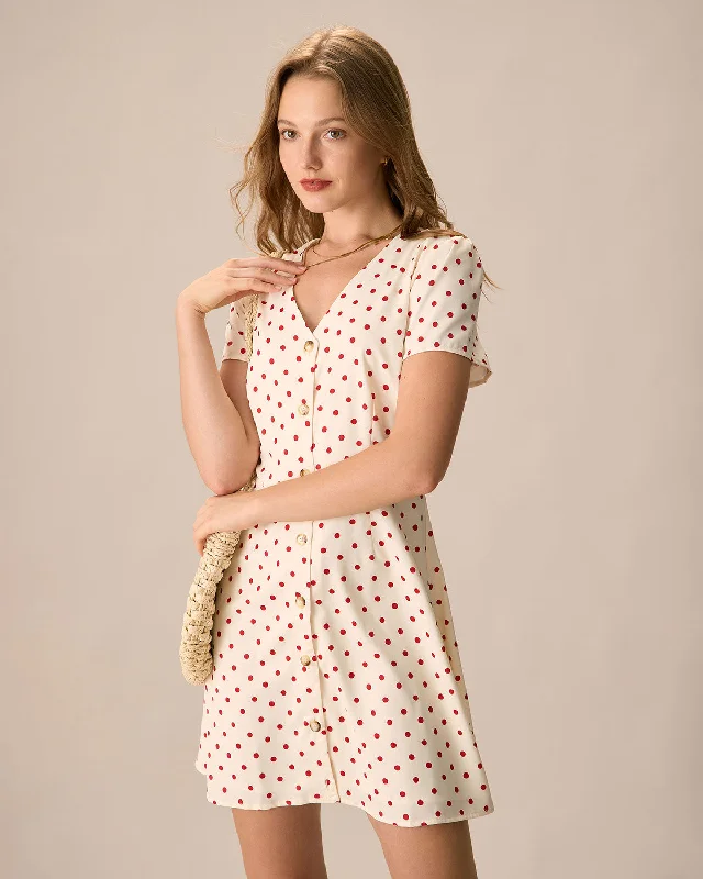 Boutique style The Beige Polka Dot Button Mini Dress