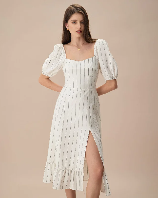 Lazy Style The Beige Puff Sleeve Striped Split Cotton Midi Dress