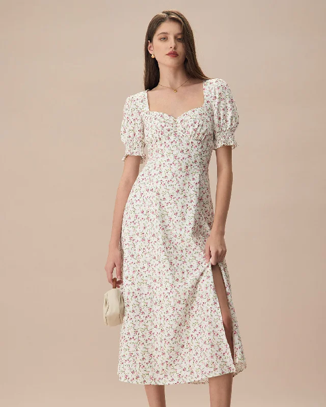 Loose Fit The Beige Sweetheart Neck Puff Sleeve Floral Midi Dress