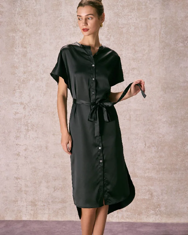 Bottom And Versatile The Black Crew Neck Belted Satin Midi Dress