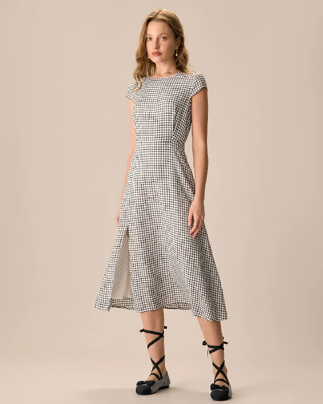 Hooded design The Black Round Neck Cap Sleeve Plaid Midi Dress