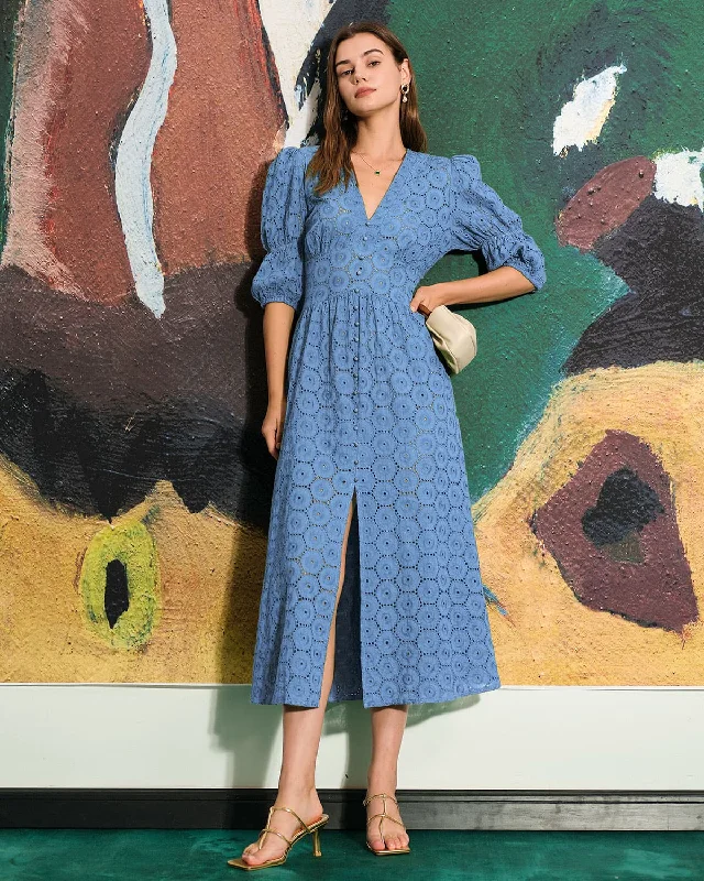 Diamond Series The Blue Puff Sleeve Cutout Slit Maxi Dress