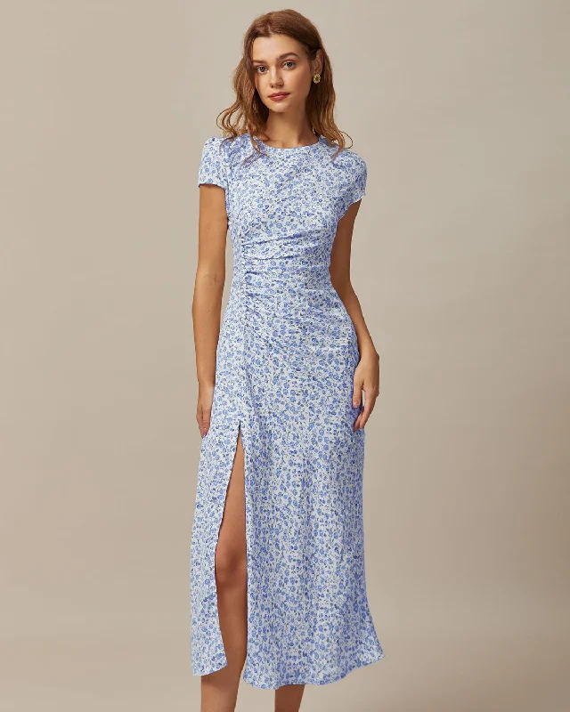 Elegant and noble The Blue Round Neck Floral Slit Midi Dress