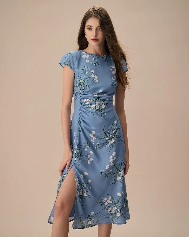 Extra long version The Blue Round Neck Slit Floral Midi Dress