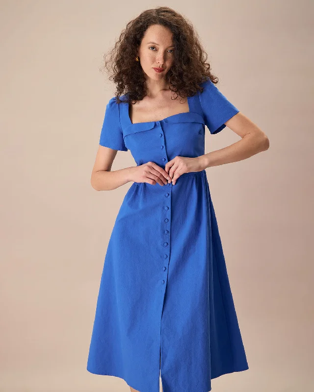 Denim Design The Blue Sweetheart Neck Button Midi Dress