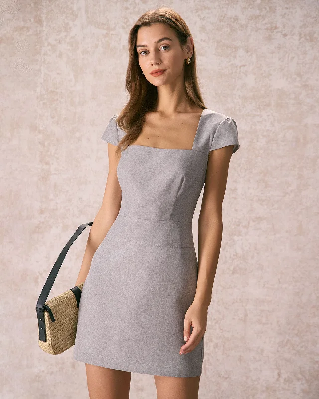 High waist design The Grey Square Neck Cap Sleeve Mini Dress