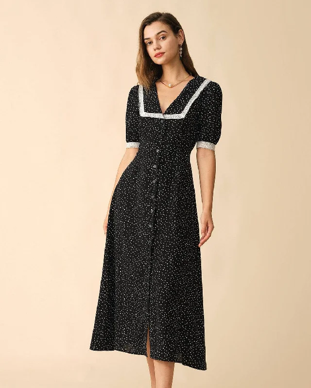 Free and comfortable The Polka Dot Lace Trim Midi Dress