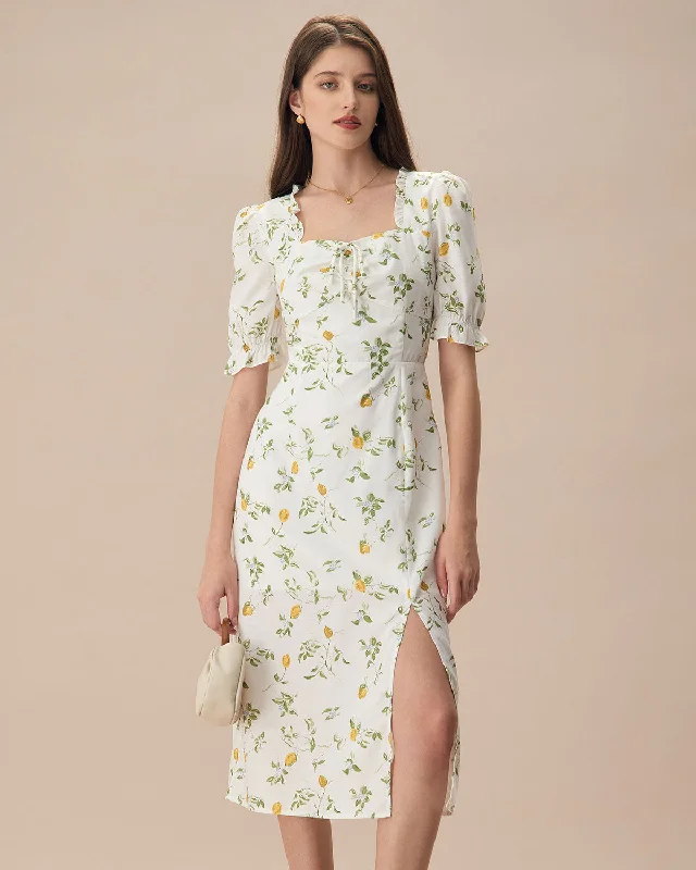 Casual Street The White Square Neck Frill Trim Floral Midi Dress