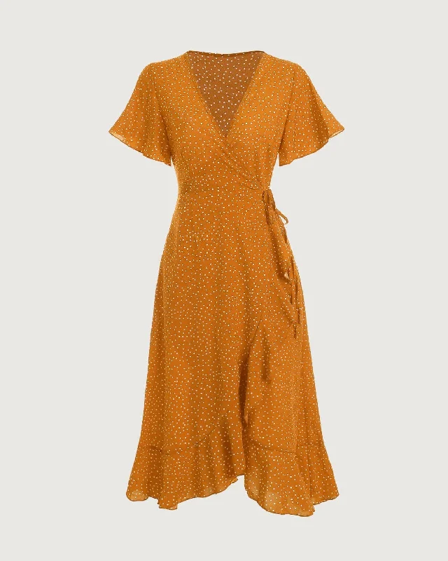 High-quality Fabrics The Yellow Polka Dot Ruffle Wrap Dress