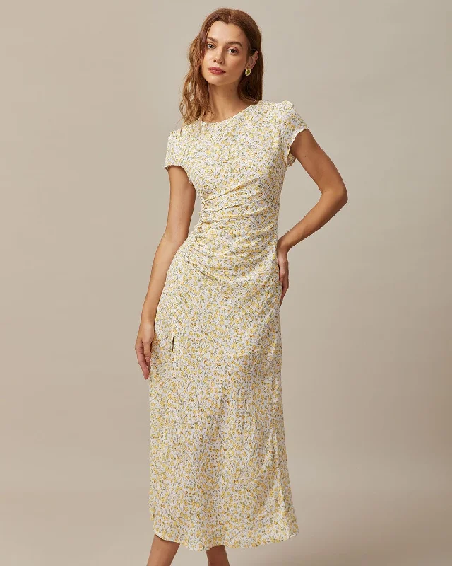 Multi-functional style The Yellow Round Neck Floral Midi Dress
