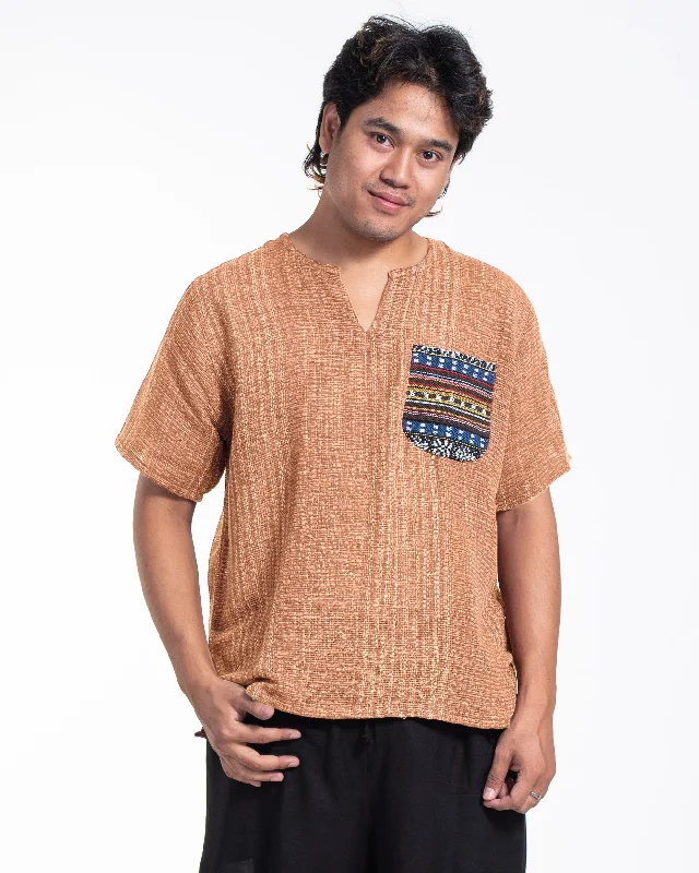 Exquisite workmanship Unisex Woven Cotton Shirt with Tribal Pocket in Beige