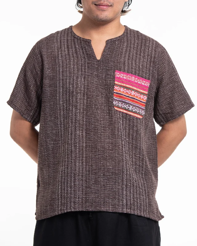 Fashionable sports Unisex Woven Cotton Shirt with Tribal Pocket in Brown
