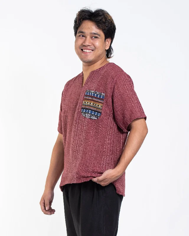 Round neck design Unisex Woven Cotton Shirt with Tribal Pocket in Red
