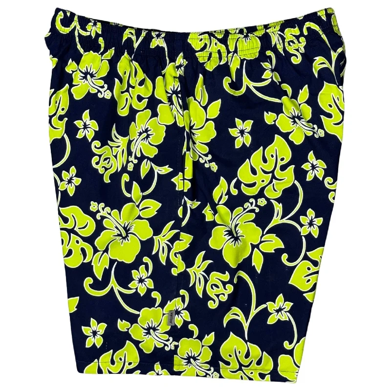 Free And Casual "Pure Hibiscus" (Navy + Lime) Men's Elastic Waist Swim Trunks w/ on-seam Pockets (Select Custom Outseam 18" - 28")