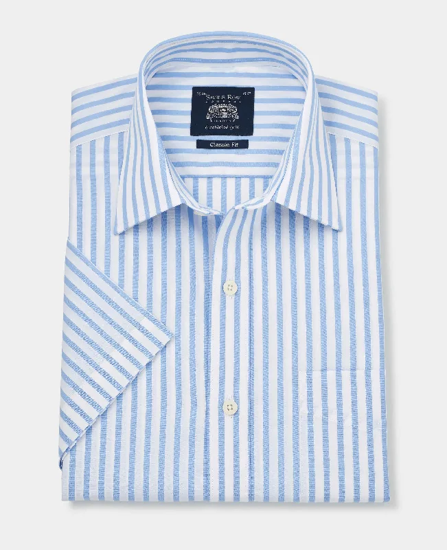 Sports And Leisure Sky Blue Classic Fit Short Sleeve Striped Shirt