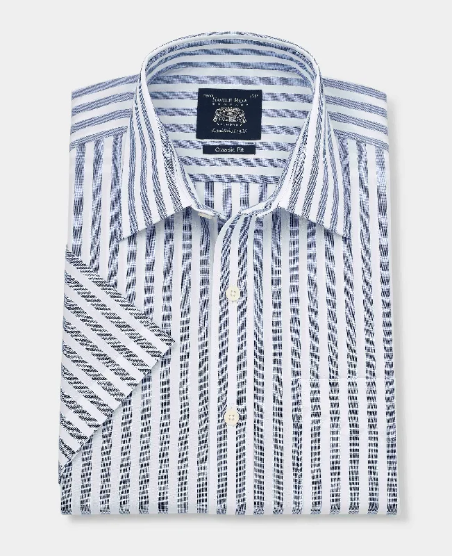 Celebrity Style Navy White Classic Fit Short Sleeve Striped Shirt
