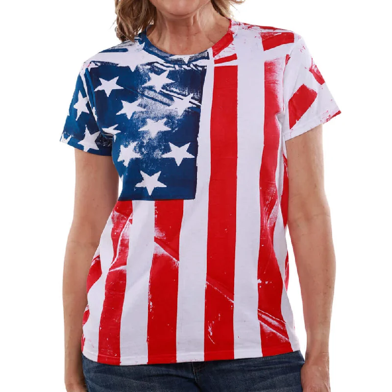 Classic Women's American Flag Hand Silk Screen T-shirt