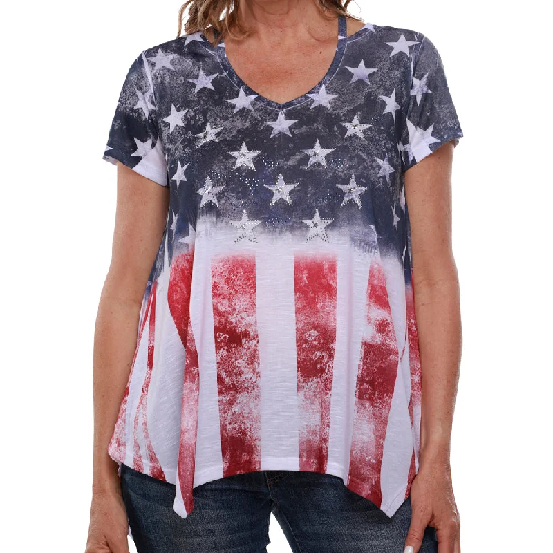 Street Charm Women's Made in USA American Flag with Rhinestones Stars Shirt