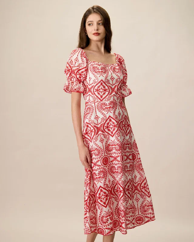 High-waisted pants style Women's Geometric Embroidery Ruffle Cotton Midi Dress