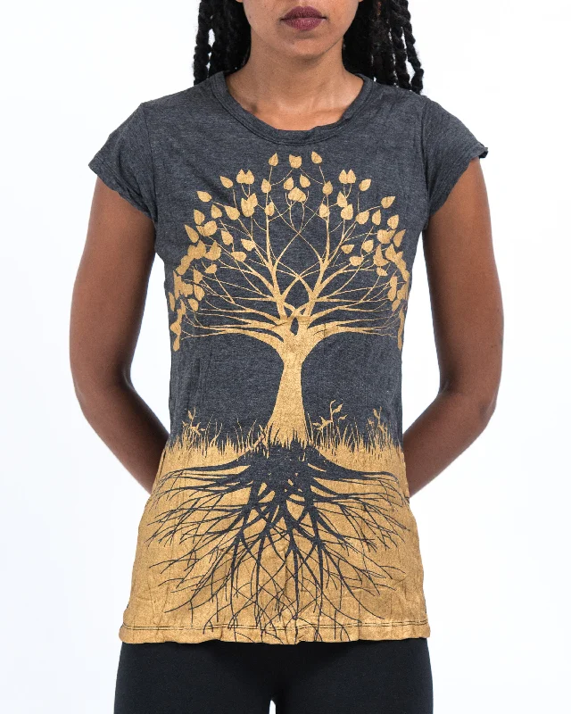 Stretch Design Womens Tree of Life T-Shirt in Gold on Black
