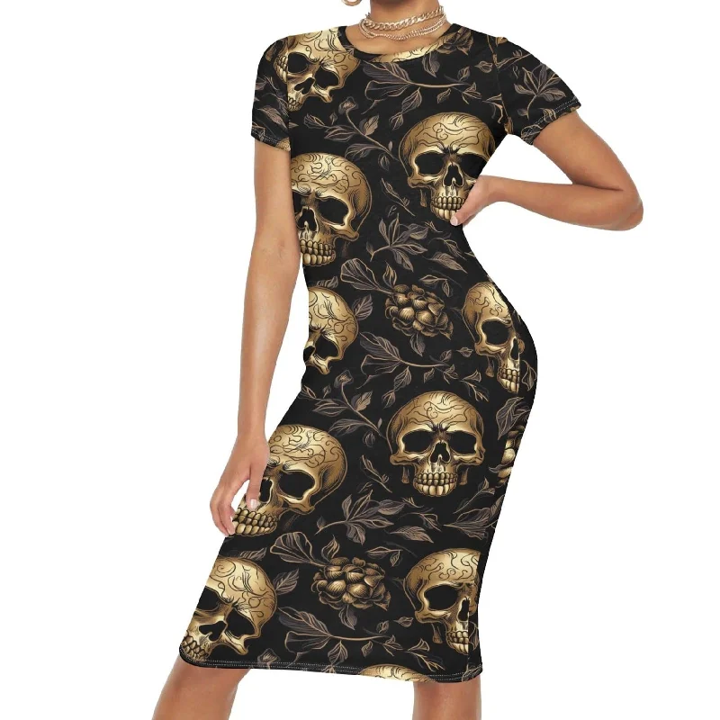 Womens Gold Skulls Short Sleeve Casual Long Dress