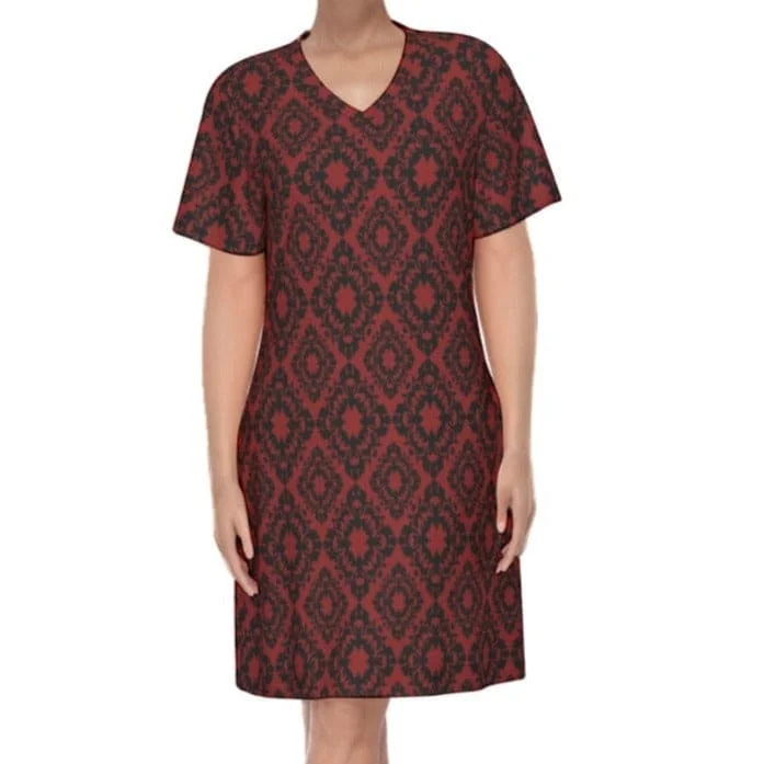 Women's Gothic Red Black Pattern V-Neck Short Sleeve Dress