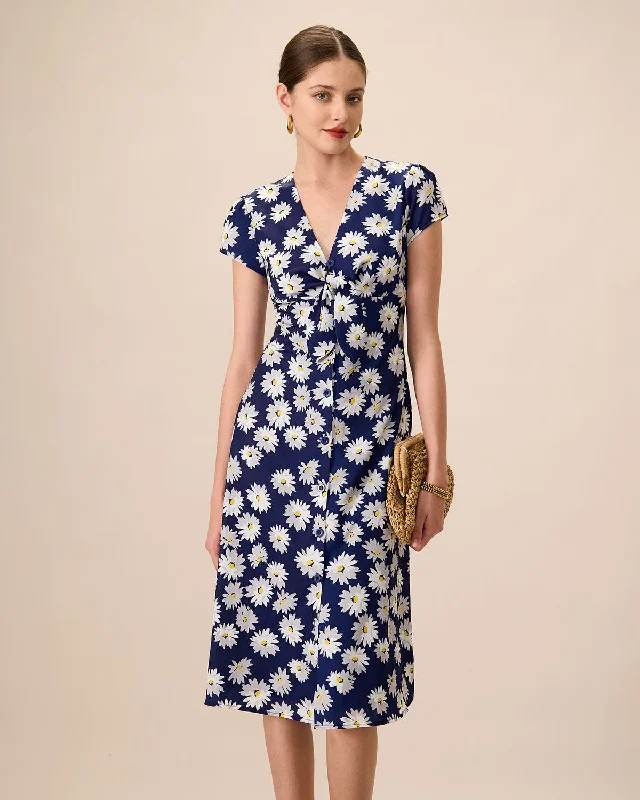 Stunning Fashion Women's Navy Button-Up Floral Midi Dresses