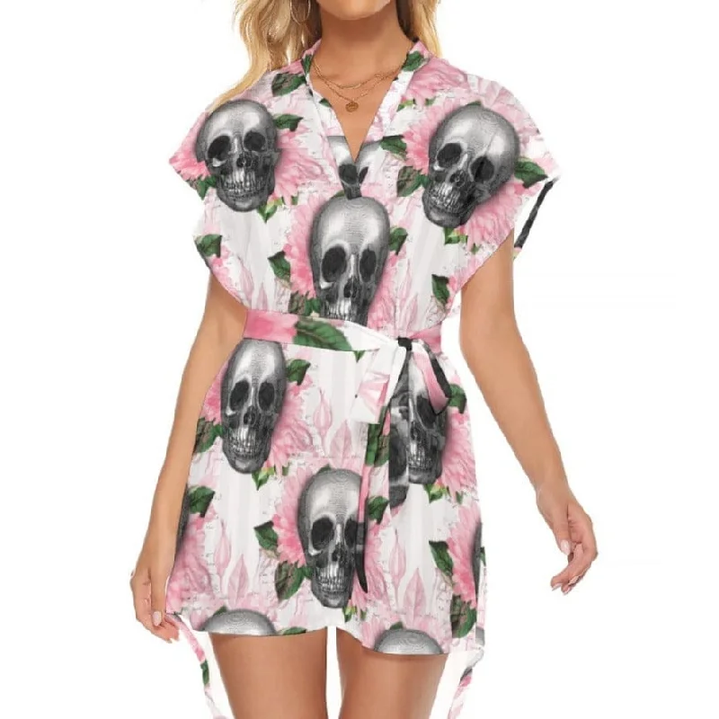 Women's Pink Floral Skull Standing Collar Dress With Belt