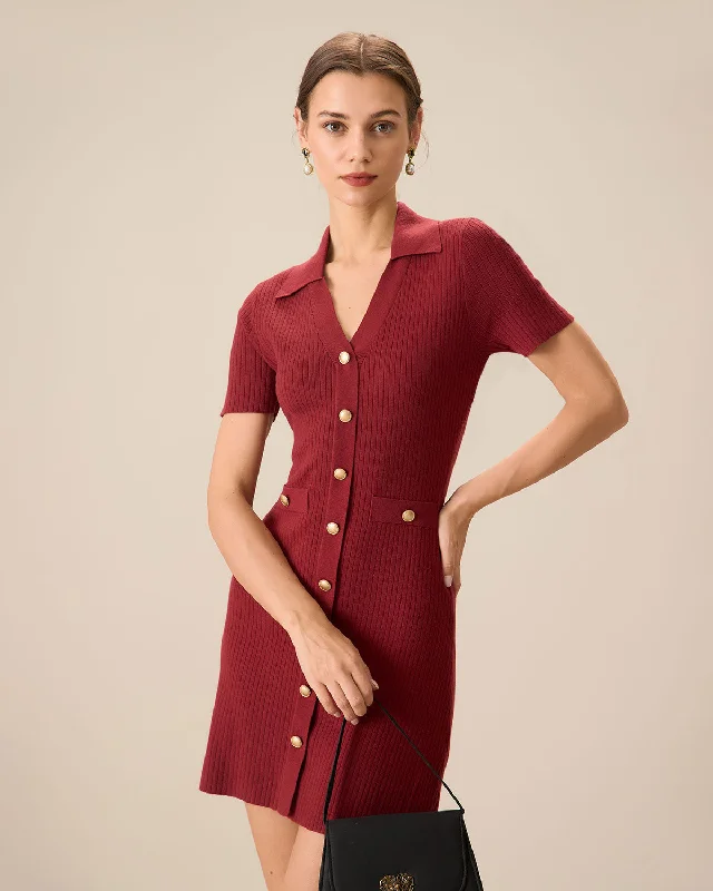 Printed pattern Women's Red V-Neck Bodycon Sweater Dress