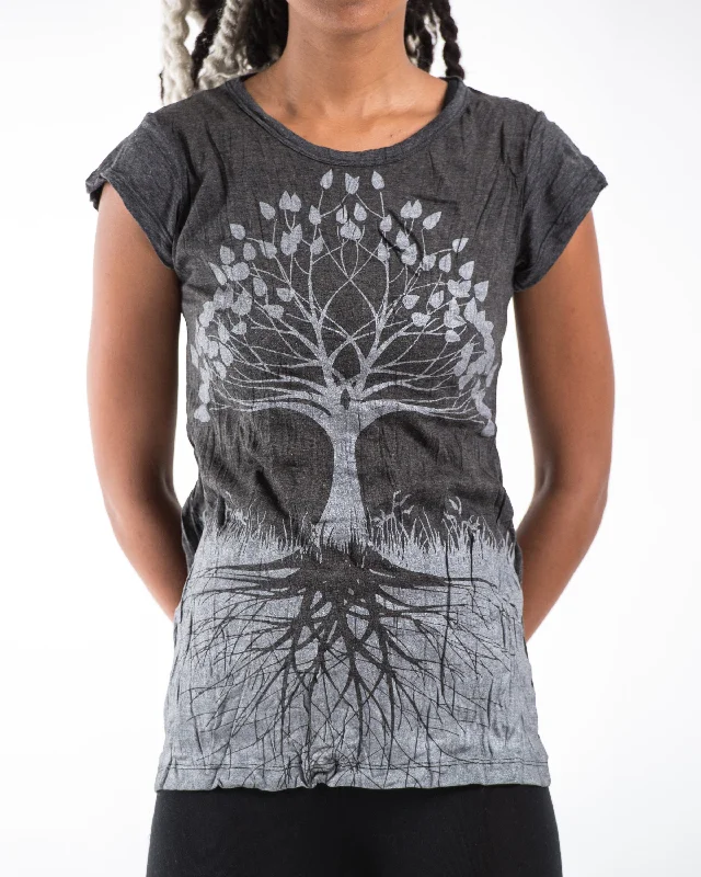 British Fashion Womens Tree of Life T-Shirt in Silver on Black