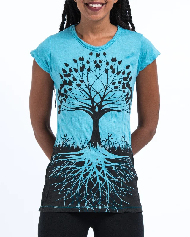 New Autumn And Winter Styles Womens Tree of Life T-Shirt in Turquoise
